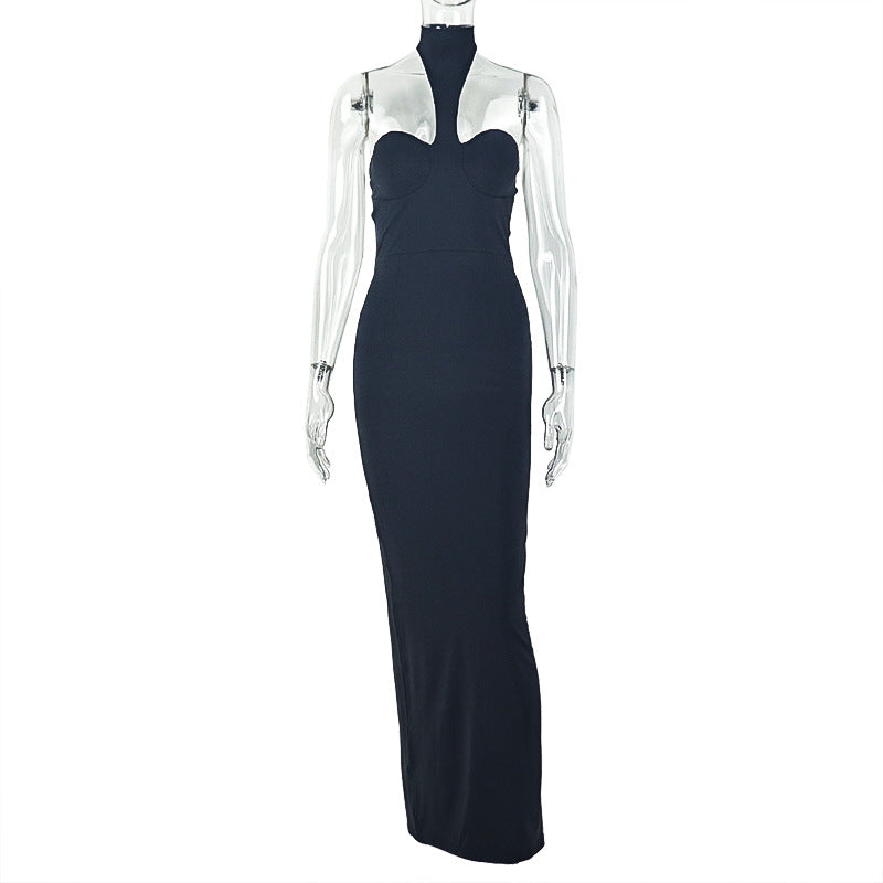 Slim Fit Solid Color Women Halter Sleeveless Hip Dress Sexy Backless Corset Maxi Dress by Ragazza