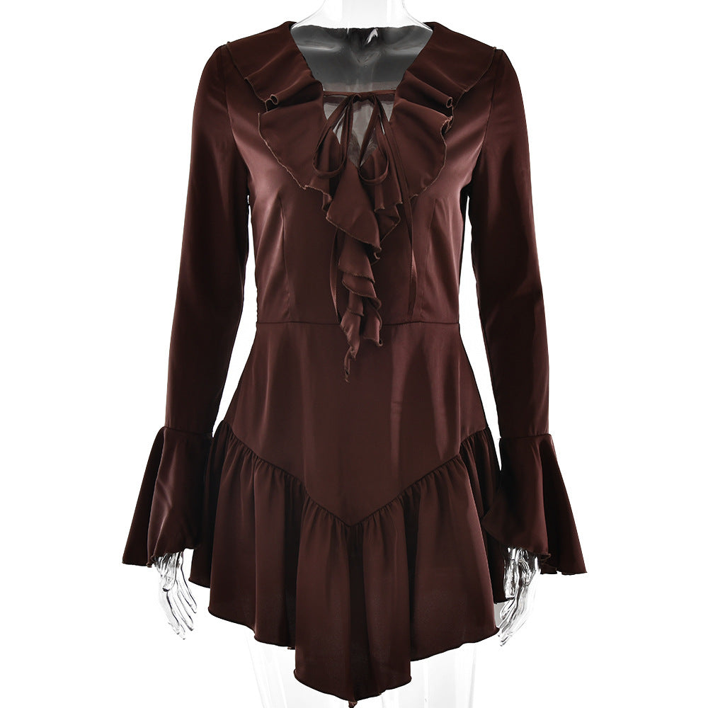 Patchwork Ruffled Slim Fit Sexy V neck Bandage Women Clothing Dress by Ragazza