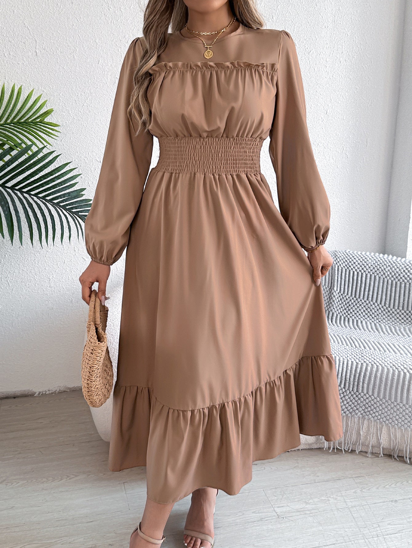 Autumn Winter Solid Color Elegant Wooden Ear Cinched Pleated Maxi Dress Women Clothing by Ragazza