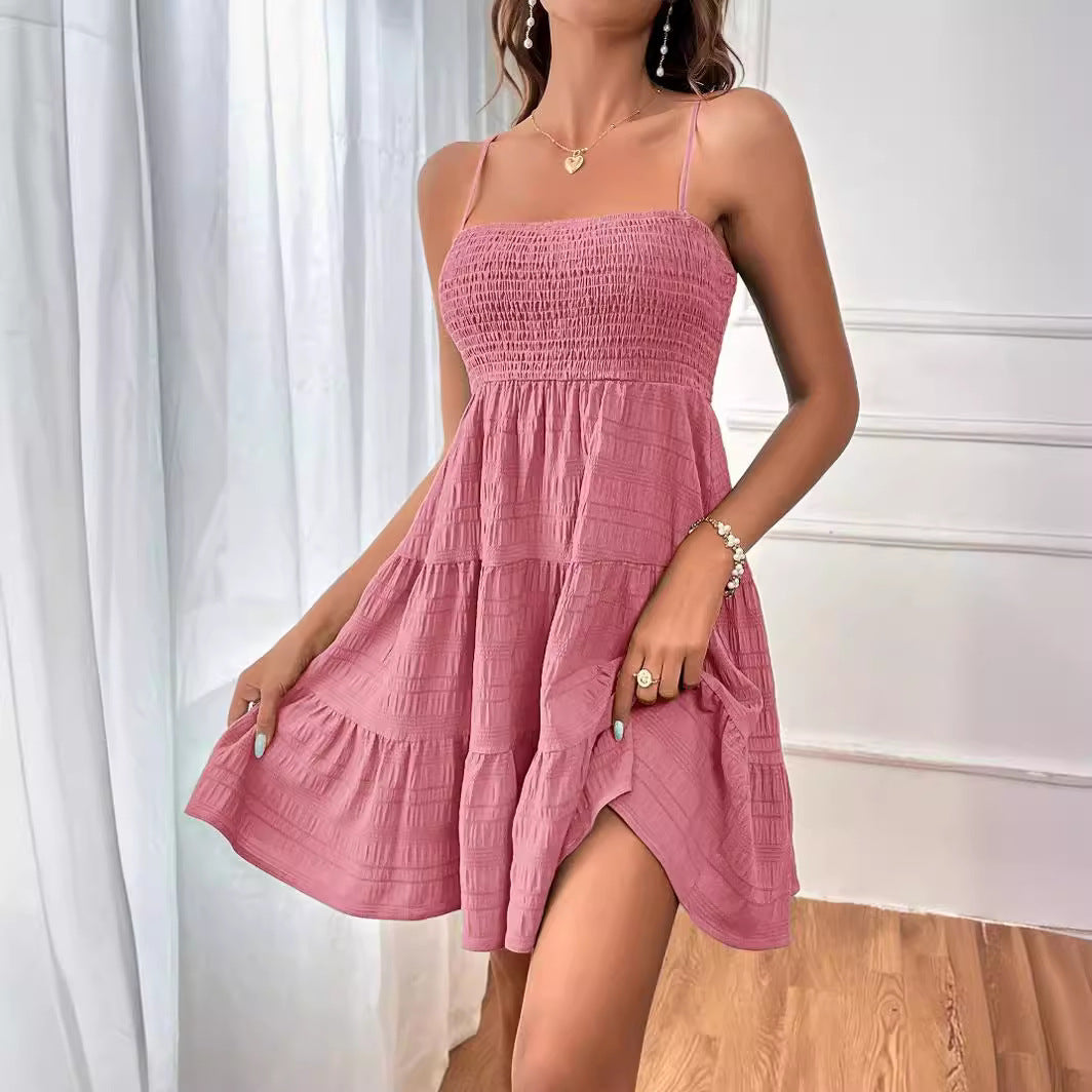 Women Clothing Summer off Neck Camisole Solid Color All Matching Texture Dress by Ragazza