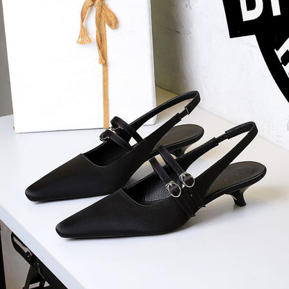 Korean Pointed Toe Strap Hollow Out Cutout Back Shoes Back Strap Comfortable Low Heel Pumps Low Cut Wine Cup Heel Satin Women Shoes  DestGlow