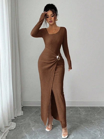 Autumn Winter Irregular Asymmetric Neckline Solid Color Knitted Texture Maxi Dress Women by Ragazza