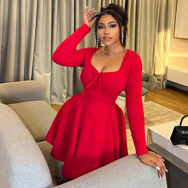 Women Clothing Outdoor All Matching Date A line Dress Pleated Long Sleeve Solid Color Dress by Ragazza