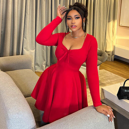 Women Clothing Outdoor All Matching Date A line Dress Pleated Long Sleeve Solid Color Dress by Ragazza