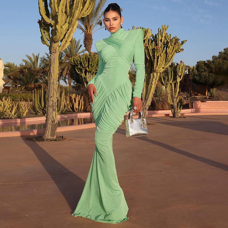 Fall Women Clothing Solid Color Turtleneck Backless Stitching Pleated Slim Fit Dress by Ragazza