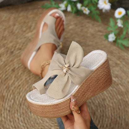 Metal Buckle Suede Toe Covering Wedge Slippers Women Bow Platform Muffin Beach Sandals  DestGlow