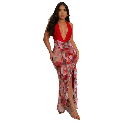 Women Wear Sexy Deep V Plunge Halter Slim Fit Printed Dress