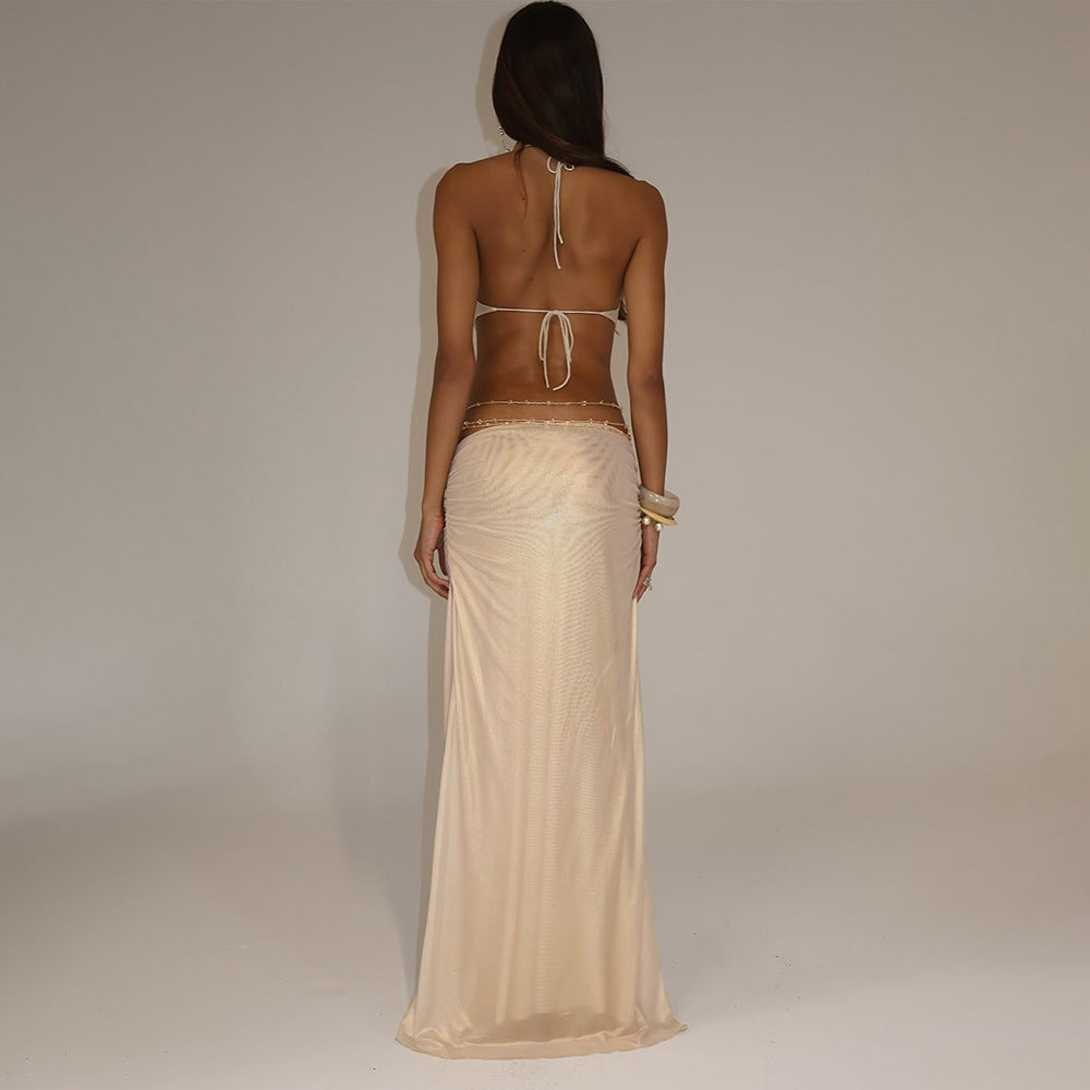 Summer Solid Color Street Hipster Deep V Plunge Halter Backless Slim Fit Dress by Ragazza