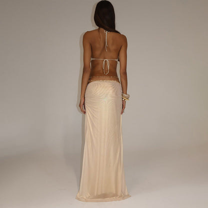 Summer Solid Color Street Hipster Deep V Plunge Halter Backless Slim Fit Dress by Ragazza
