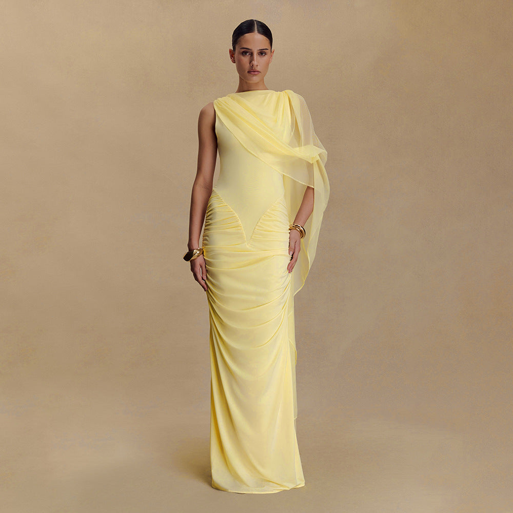 Fashionable Pleated Mesh Shawl Dress Sexy Sheath round Neck Slim Dress by Ragazza