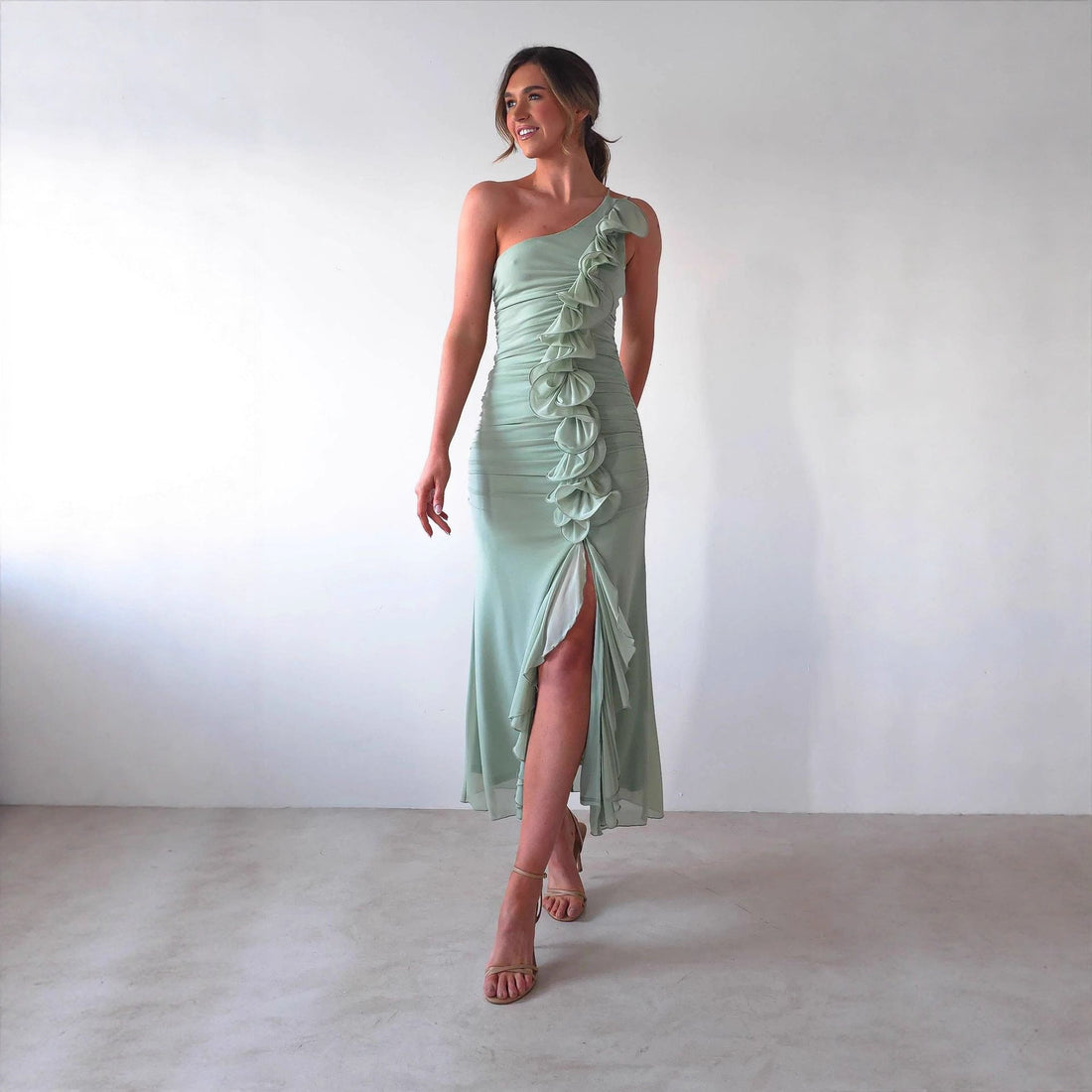 Summer Slant Shoulder Sexy Pleated High Slit Slim Fit Dress by Ragazza
