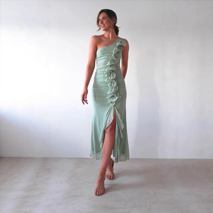 Summer Slant Shoulder Sexy Pleated High Slit Slim Fit Dress by Ragazza