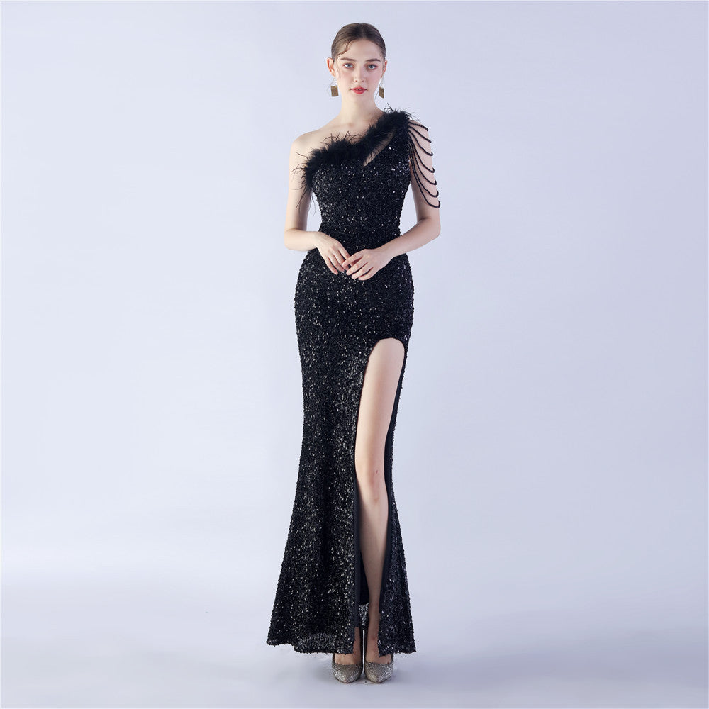 Ostrich Hair Craft Oblique Shoulder Side Slit High End Evening Dress by Ragazza