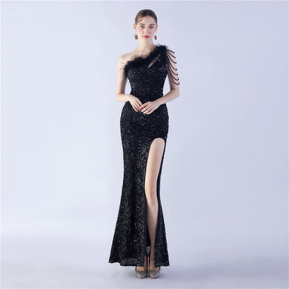 Ostrich Hair Craft Oblique Shoulder Side Slit High End Evening Dress by Ragazza