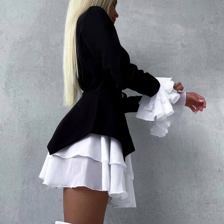 Women Clothing Black White Color Contrast Short Dress V neck Flared Sleeves Elegant A line Dress by Ragazza