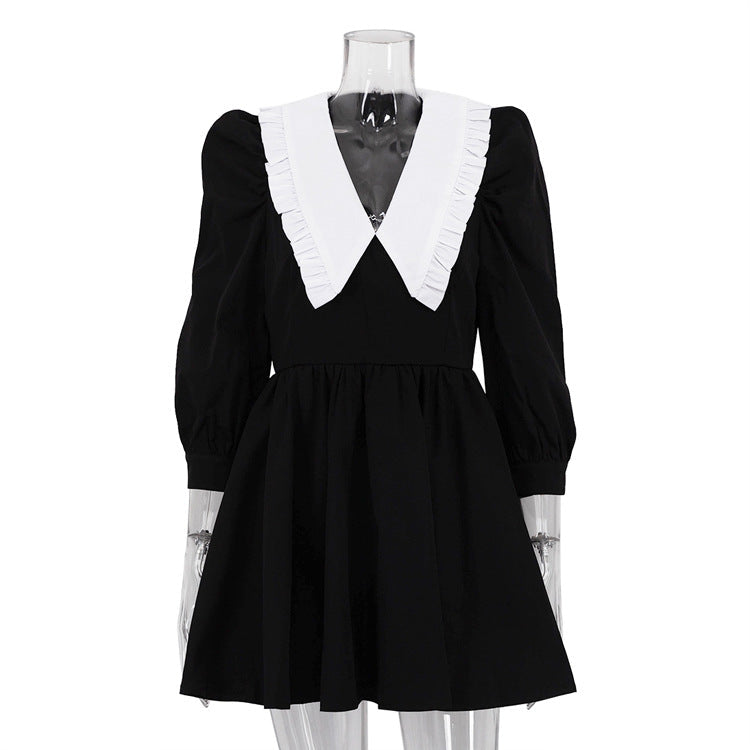 Spring Autumn French Black White Contrast Color Doll Collar Short Dress Women Elegant Pleated A line Dress by Ragazza