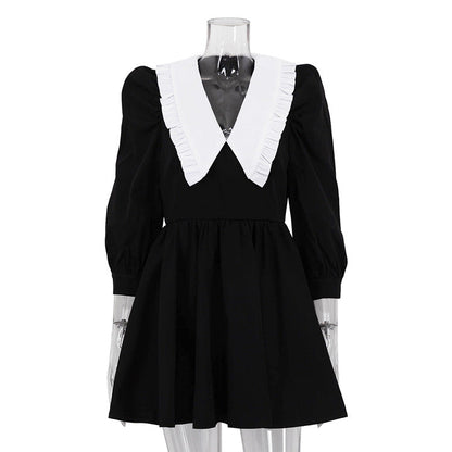 Spring Autumn French Black White Contrast Color Doll Collar Short Dress Women Elegant Pleated A line Dress by Ragazza