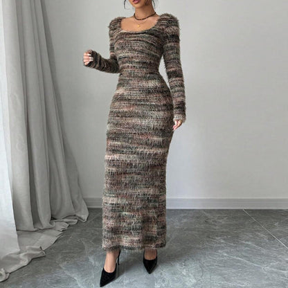 Autumn Slim Fit Slit round Neck Yarn Dyed Dress for Women by Ragazza