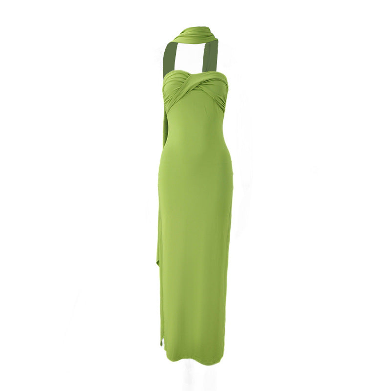 Women Summer Halter Ribbon Twist Woven Wrapped Chest Backless Slim Fit Niche Maxi Dress  DestGlow