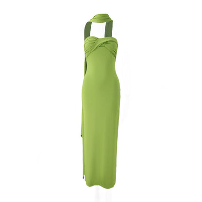 Women Summer Halter Ribbon Twist Woven Wrapped Chest Backless Slim Fit Niche Maxi Dress  DestGlow