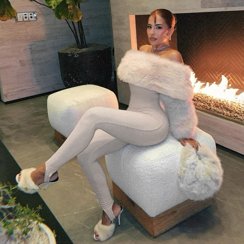 Autumn Winter Women Clothing Sexy Plush Stitching High Waist Slim Solid Color Jumpsuit by Ragazza