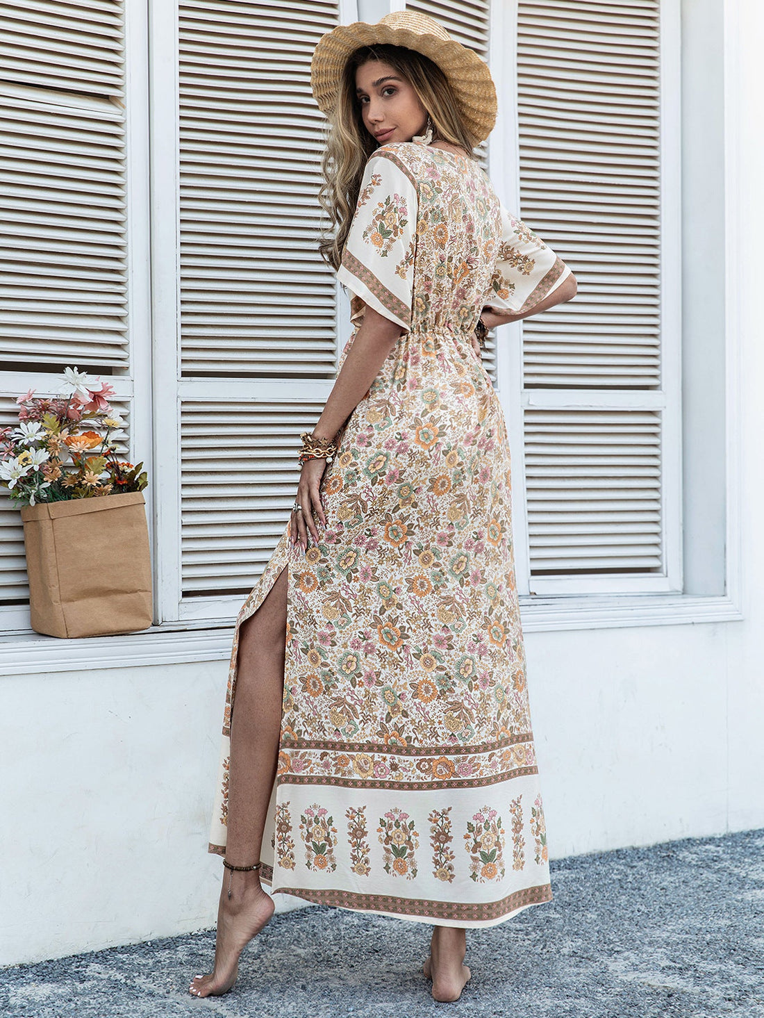 Women Bohemian Beige Printed Dress Long Tassel by Ragazza