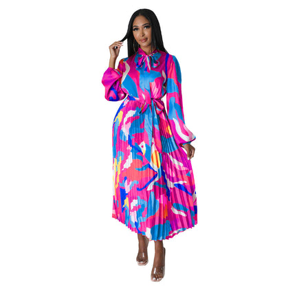 Women Clothing Lace up Long Sleeve Printed Pleated Dress by Ragazza