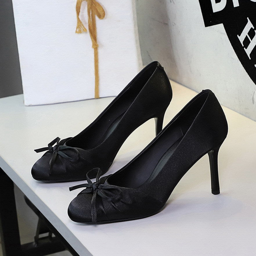 French Elegant Ladies Cocktail round Head Low Cut Bowknot Slip on Satin Stiletto Heels Women  DestGlow