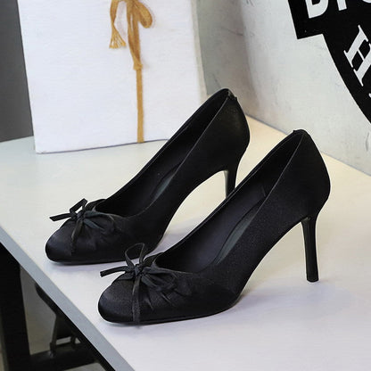 French Elegant Ladies Cocktail round Head Low Cut Bowknot Slip on Satin Stiletto Heels Women  DestGlow