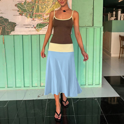Summer Women Clothing Slim Fit Trend Sexy Color Block Strap Low Collar Dress for Women  DestGlow