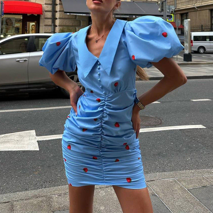 Summer Printed Short Dress Women Clothing Collared Puff Sleeve Pleated Hip by Ragazza