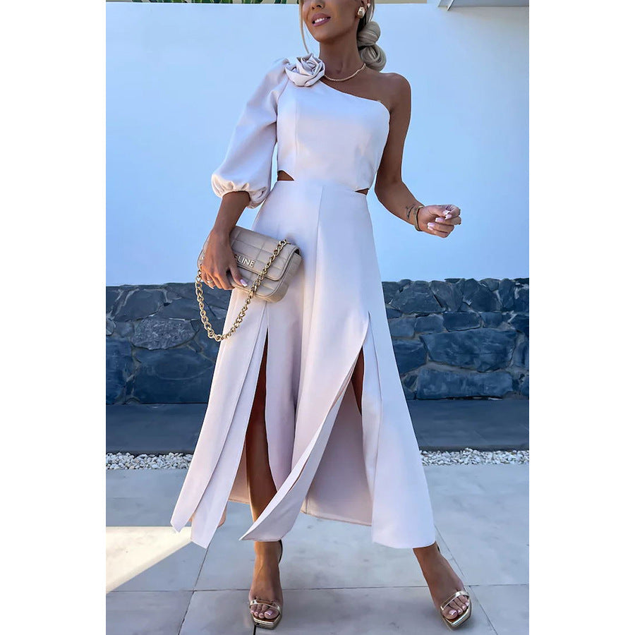 Spring Summer Cross-Shoulder Split Double Layer Dress Casual Party Satin Dress by Ragazza