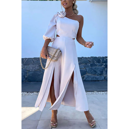 Spring Summer Cross-Shoulder Split Double Layer Dress Casual Party Satin Dress by Ragazza
