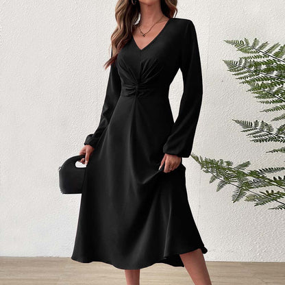 French Adult Lady like Woman V neck Dress Autumn Winter Elegant Elegant A line High Waist Midi Dress by Ragazza
