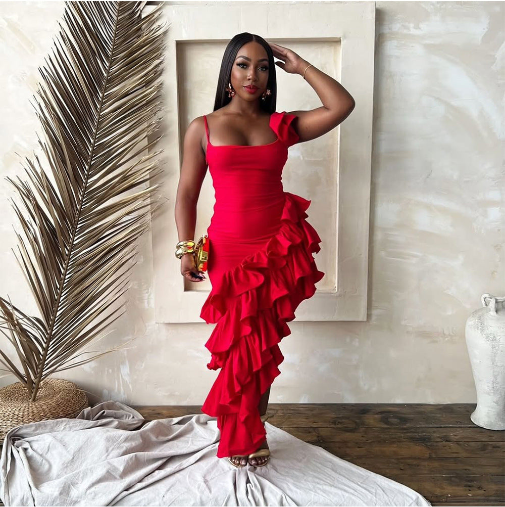 Summer Solid Color Sling Irregular Asymmetric Ruffled Ladies Dress Sexy Women Clothing by Ragazza
