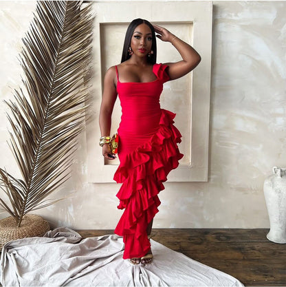 Summer Solid Color Sling Irregular Asymmetric Ruffled Ladies Dress Sexy Women Clothing by Ragazza
