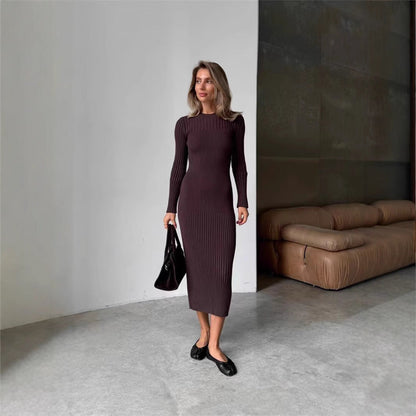 Long Sleeve Fall Winter Sweater Dress Women Knitted round Neck Sunken Stripe Solid Color Tight Dress Women by Ragazza