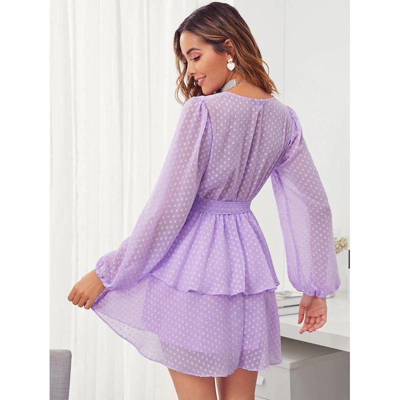 Women Summer Fashion V-neck Double Layer Lower Hem with Lace Polka Dot Dress by Ragazza