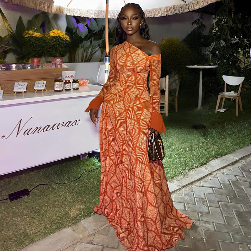 Slim Fit Fresh Women Pleated A line Dress Shoulder Collar Oblique Long Sleeve Dress by Ragazza