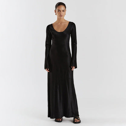 Autumn Winter Maxi Dress Women Solid Color Satin Round Neck Long Sleeve Loose Casual Dress by Ragazza
