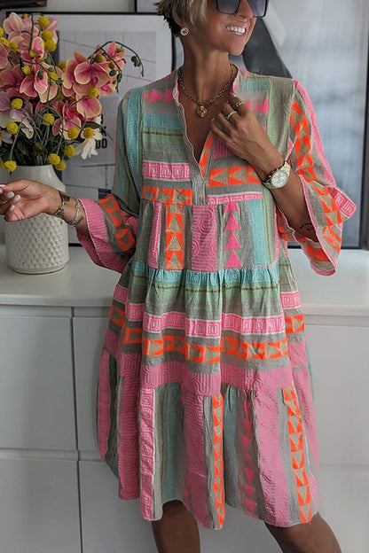 Women Stand Alone Autumn Clothing Printed V-neck Three Quarter Sleeve Dress by Ragazza