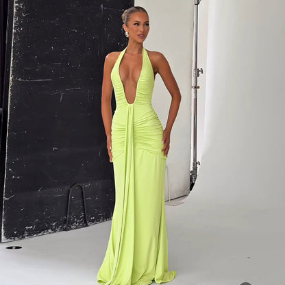 Spring Summer Women Elegant Sexy Deep V Plunge neck Halter Slim Pleated Dress Women by Ragazza