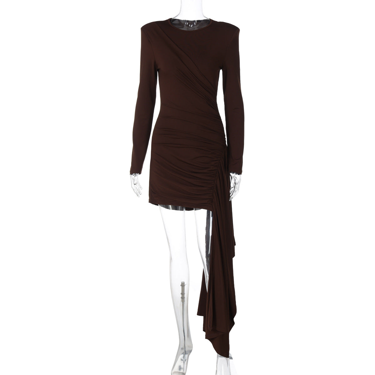 Women Clothing Autumn Winter Slim Fit Pleated Waist Tight Ribbon Solid Color Long Sleeve Dress by Ragazza