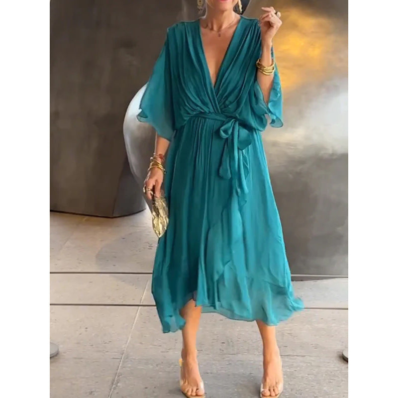 Women Clothing Solid Color Tied Maxi Dress Batwing Sleeve Irregular Asymmetric Dress by Ragazza