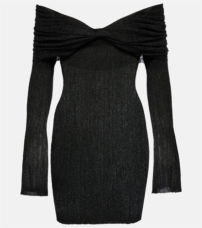 Los Angeles Designer off-Shoulder Tube Top Dress Contrast Color Pleated Low Cut Long Sleeve Waist Slimming Hip Dress  DestGlow