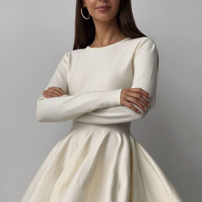 Round Neck Waist Trimming Knitted Dress Women All Match Advanced Pleated Woolen by Ragazza