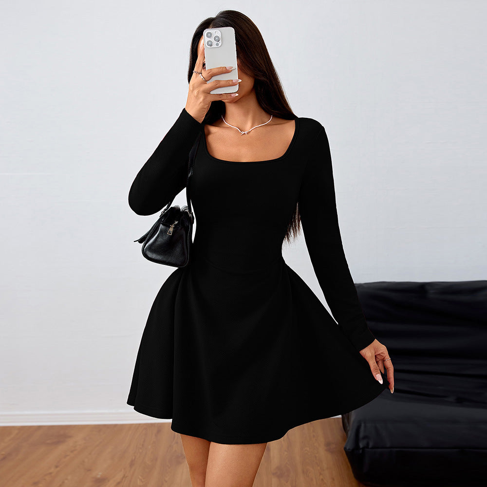 Spring Summer Women Clothing Square Collar Elegant Dress High Waist Design Dress  DestGlow