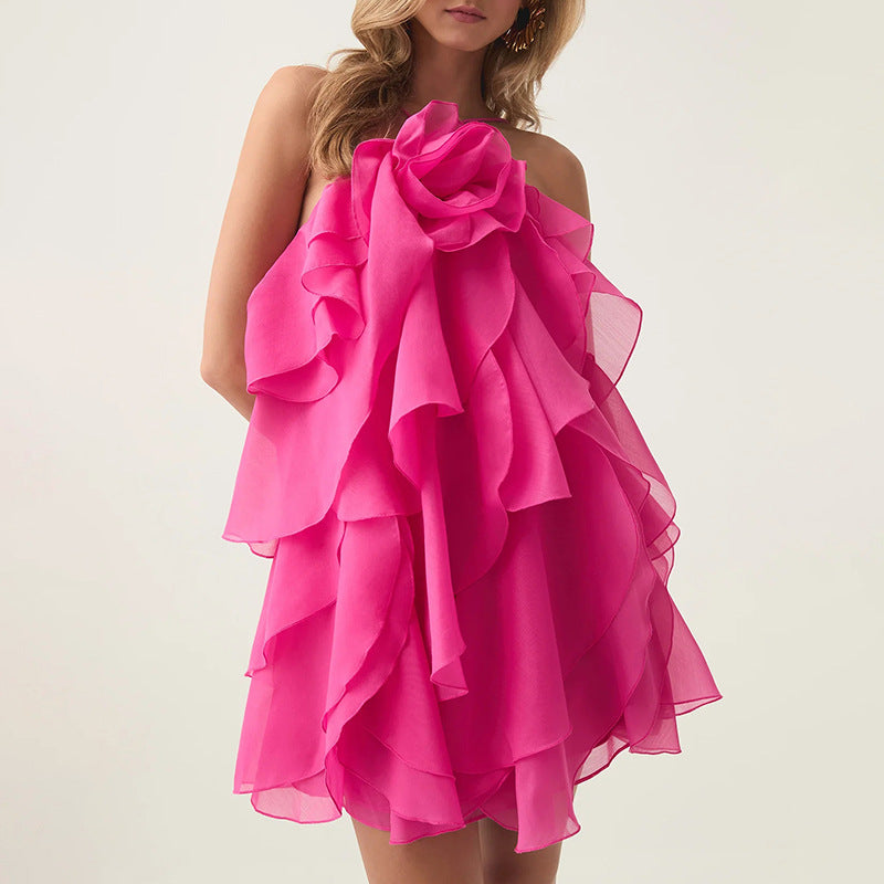 Elegant Sexy High Grade Short Dress Early Spring Halter Three Dimensional Floral Design Lace up Sleeveless Dress by Ragazza