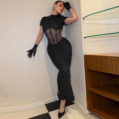Women Clothing Sexy round Neck Slim Fit Slimming See through Split Short Sleeve Elegant Dress by Ragazza
