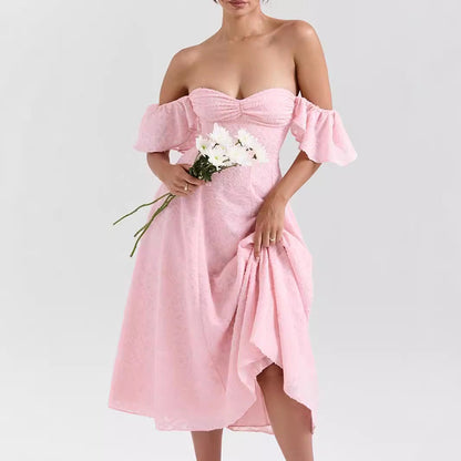 Women Wear Pink Sexy Square Neck Fitted Waist Backless Mid Length Dress French Dress by Ragazza